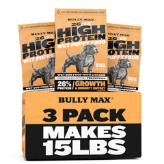 Bully-Max Wet Puppy Food packaging highlights bulk supply for growing puppies.