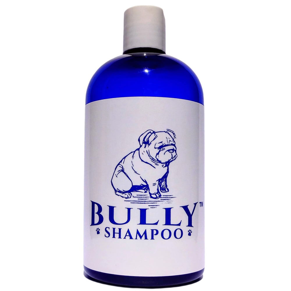 The Bully Company bully shampoo bottle closeup shows Bulldog-friendly formula for a healthy coat.