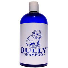 The Bully Company bully shampoo bottle closeup shows Bulldog-friendly formula for a healthy coat.