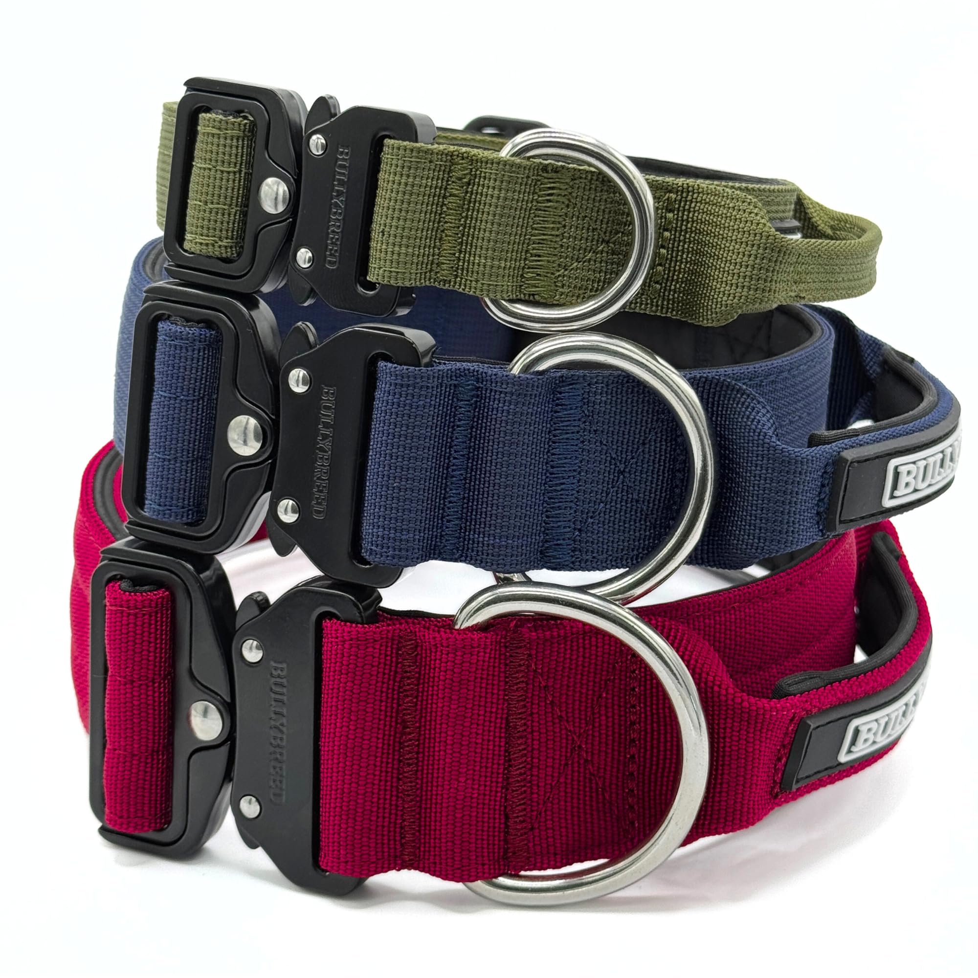 BULLYBREED Tactical Dog Collar with Handle closeup highlights reinforced grip for controlled handling.