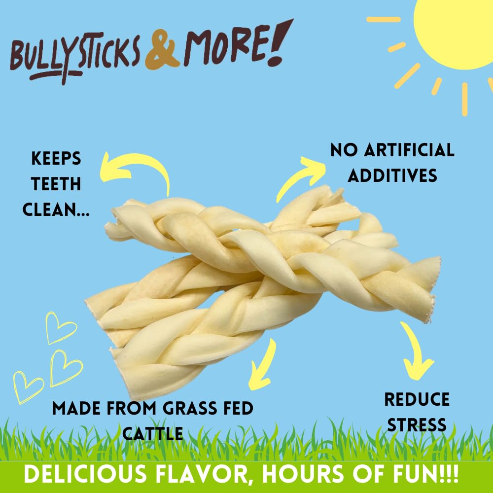 bullysticks-more-12-count-beef-cheek-braids image shows bulk chews for longer-lasting dog boredom relief.