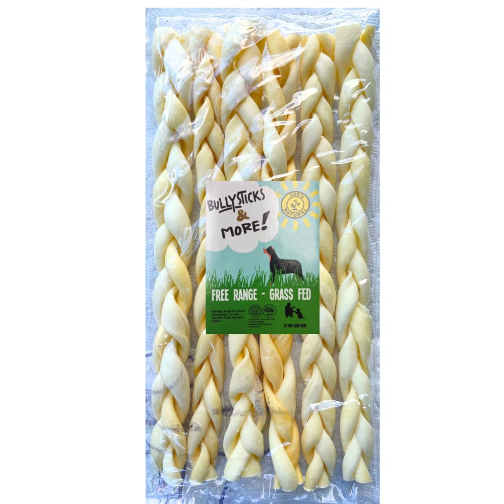 BULLYSTICKS & MORE beef cheek braids pack six long chews for extended enjoyment.