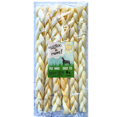 BULLYSTICKS & MORE beef cheek braids pack six long chews for extended enjoyment.