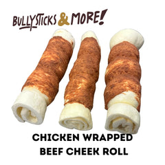 BULLYSTICKS & MORE beef cheek rolls chicken-wrapped close-up for long-lasting chew.