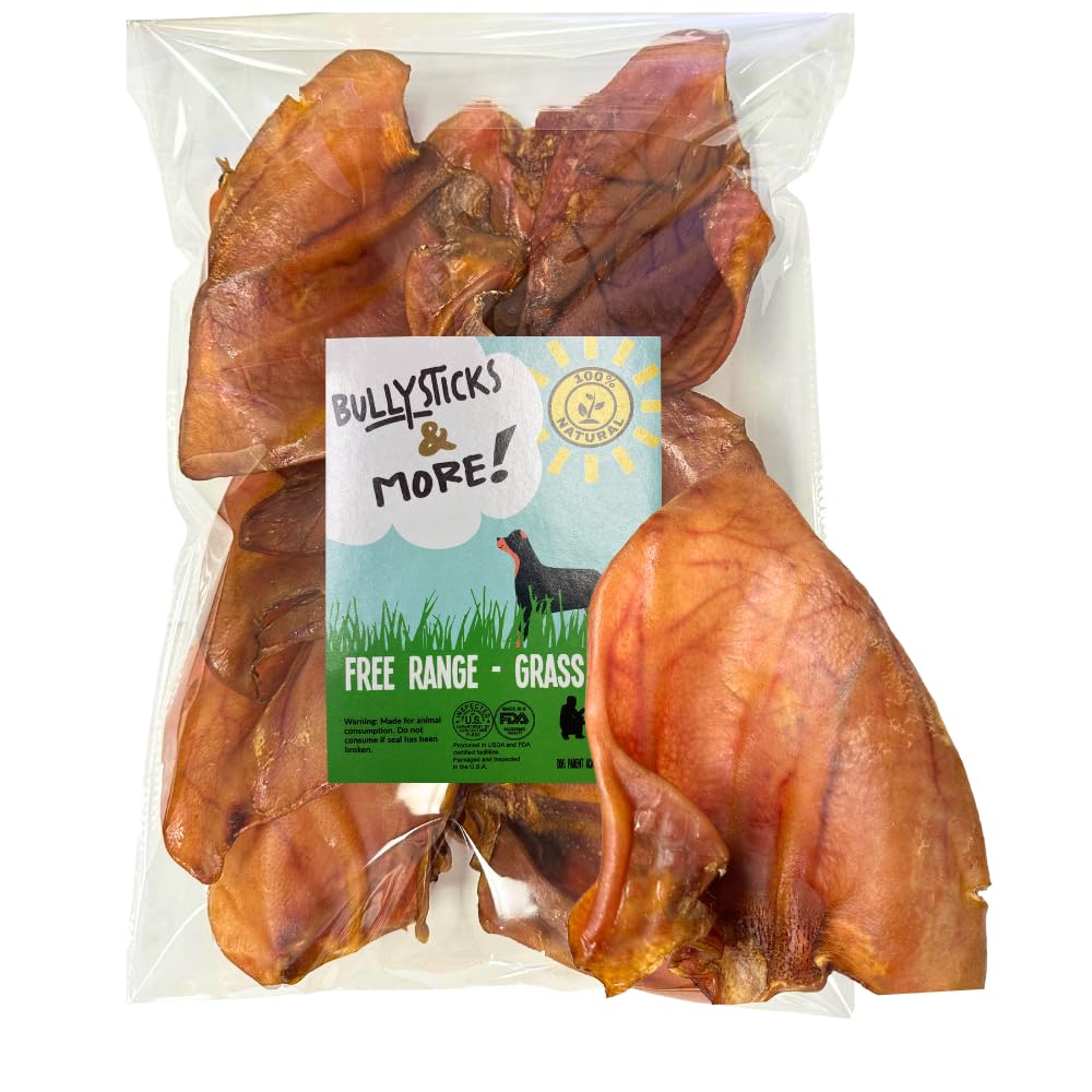 Bullysticks & More pig ears large 16-count package for long-lasting canine chewing.