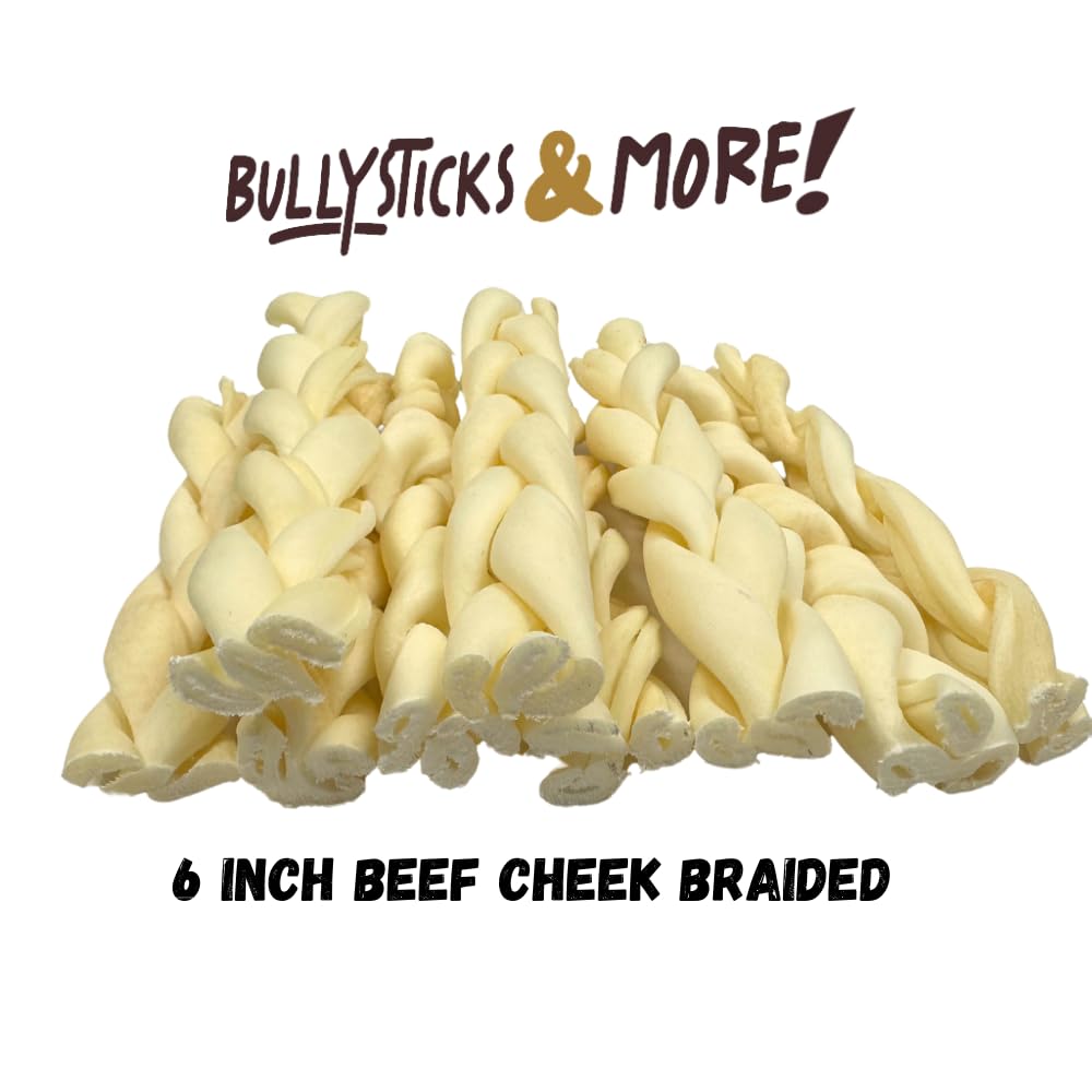 bullysticks-more-six-inch-beef-cheek-braids closeup demonstrates long-lasting, engaging chews for dogs.