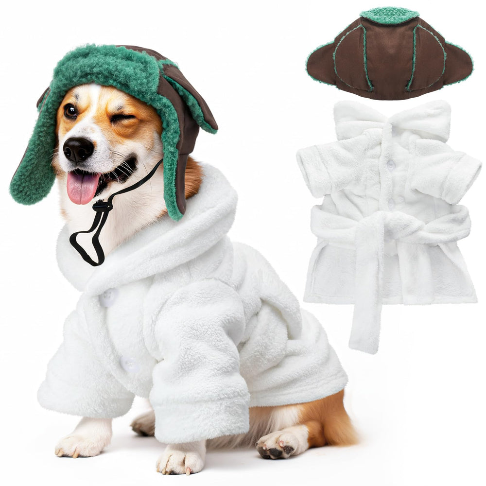 Bulyoou Christmas dog costume with bathrobe and hat in white and green for festive photos