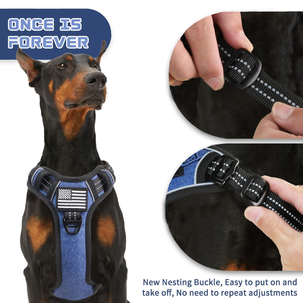 BUMBIN Tactical dog harness denim blue shows adjustable straps for secure fit.