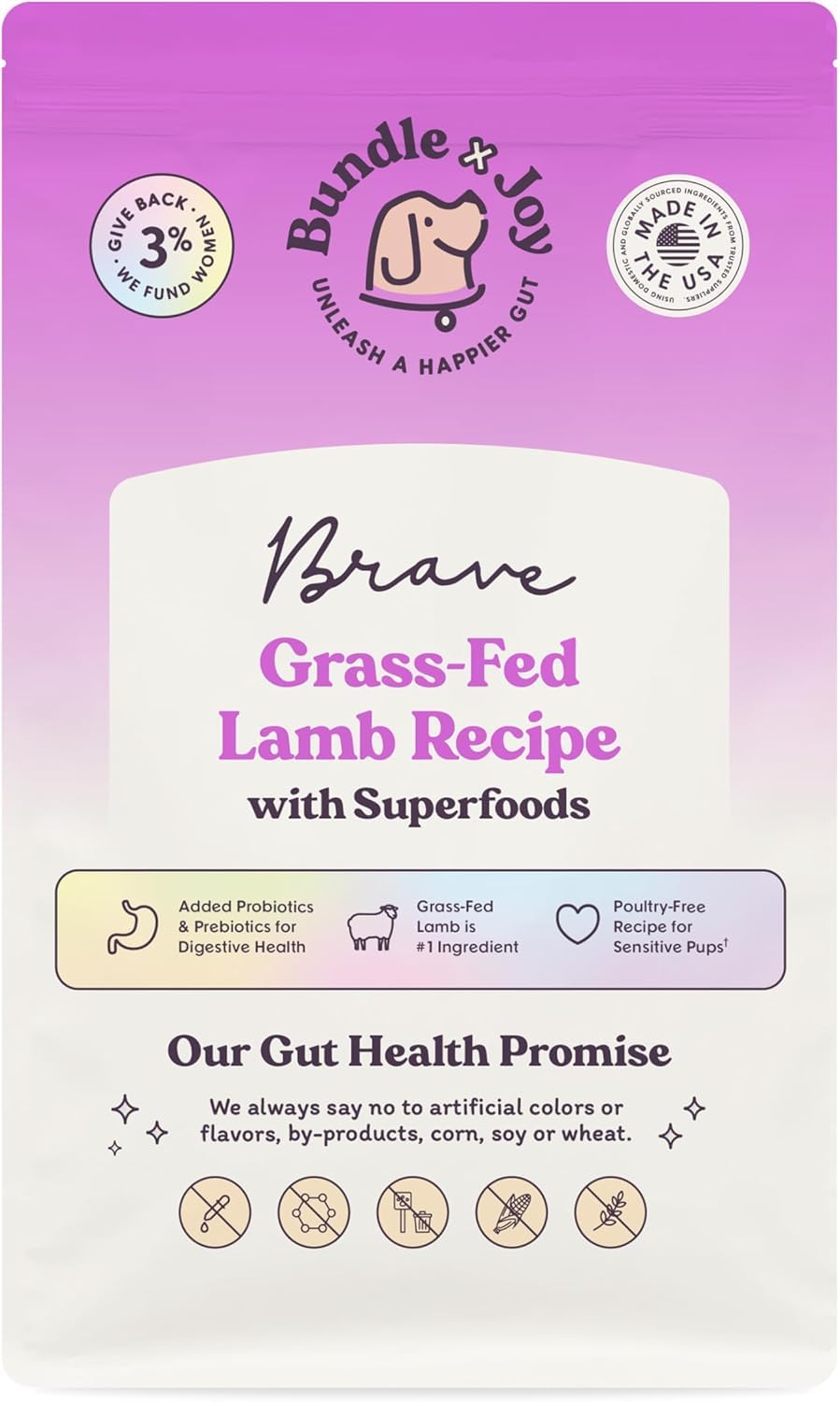 Bundle x Joy grass-fed lamb dog food 12lb bag front shows premium nutrition for active dogs