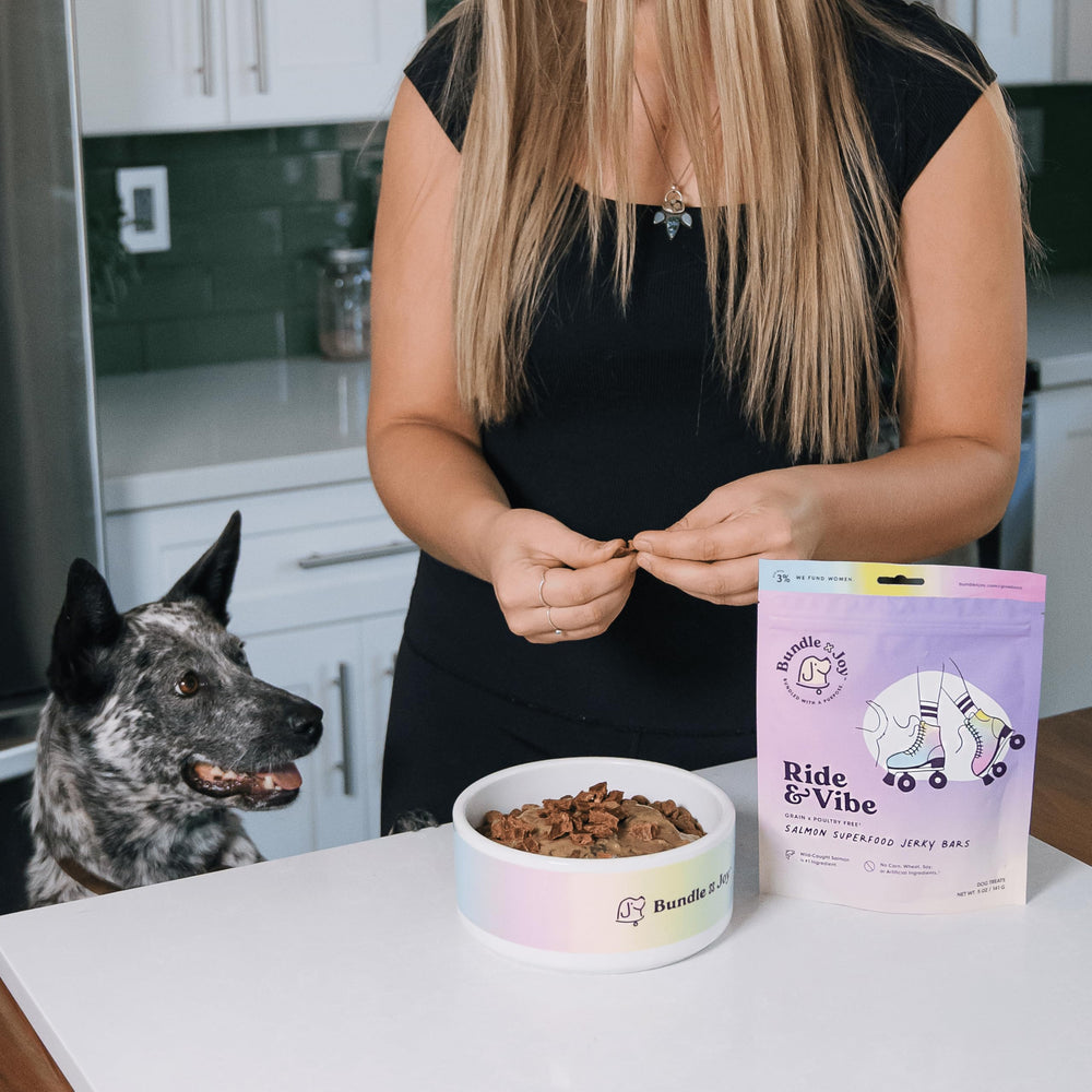 Bundle x Joy Ride Vibe Salmon Jerky training treats shown for all sizes
