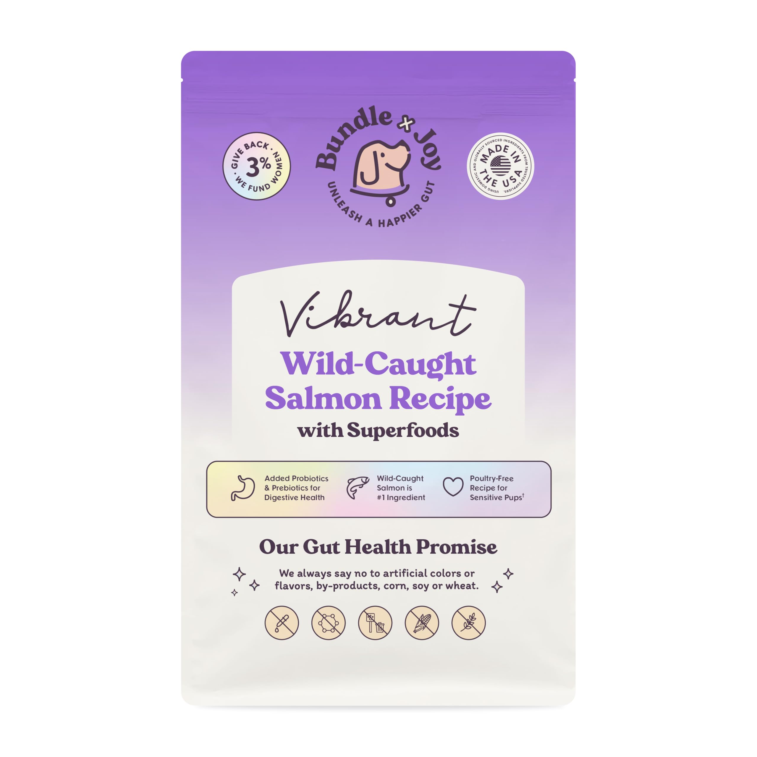 Bundle x Joy Vibrant Salmon Dry Dog Food bag with real salmon first ingredient.