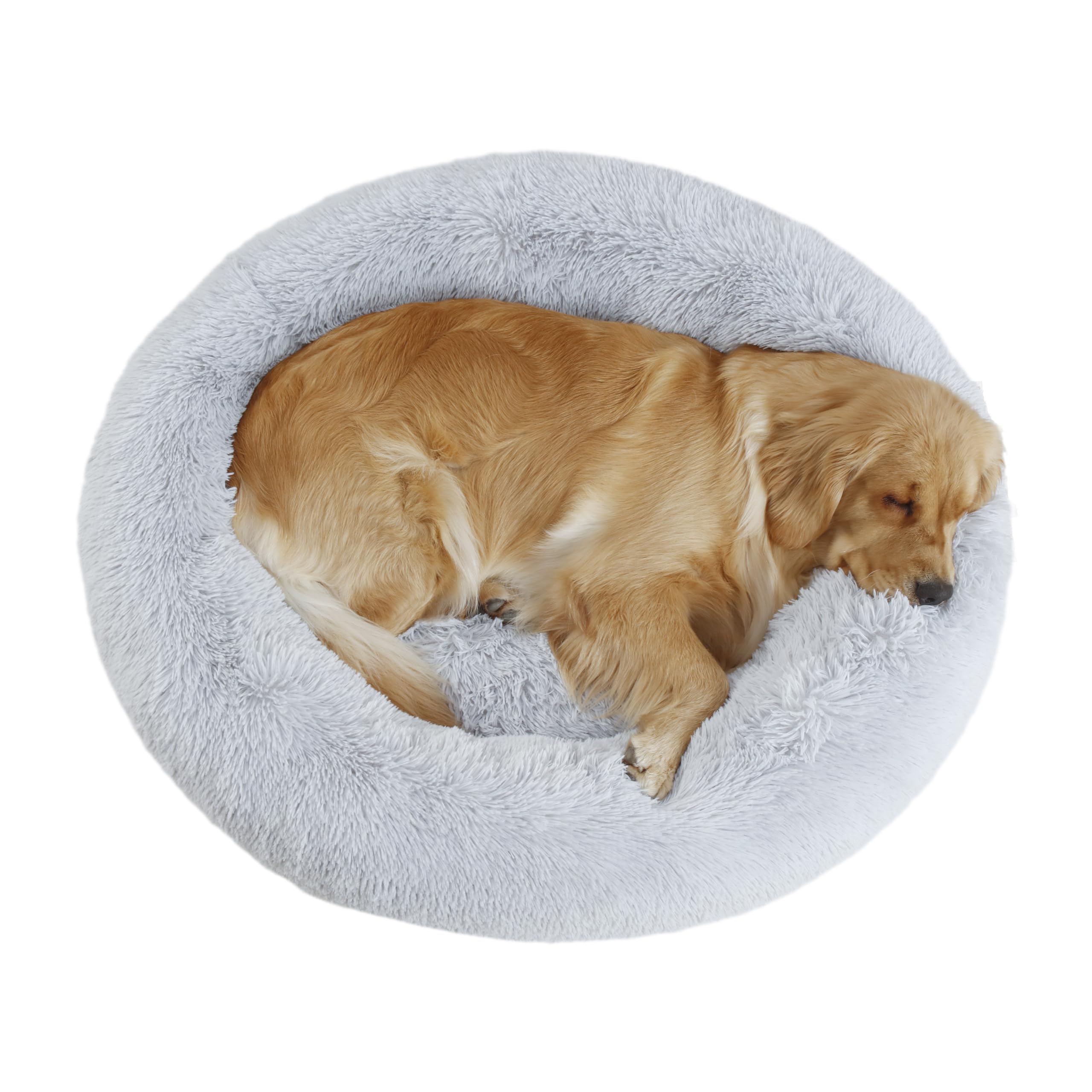 Bunlitent 39-inch calming donut dog bed in a cozy living room for restful naps.