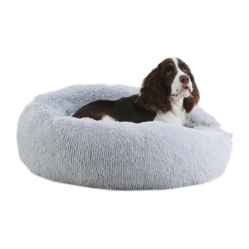 Bunlitent calming dog bed 30-inch round top view with plush fur for cozy comfort.