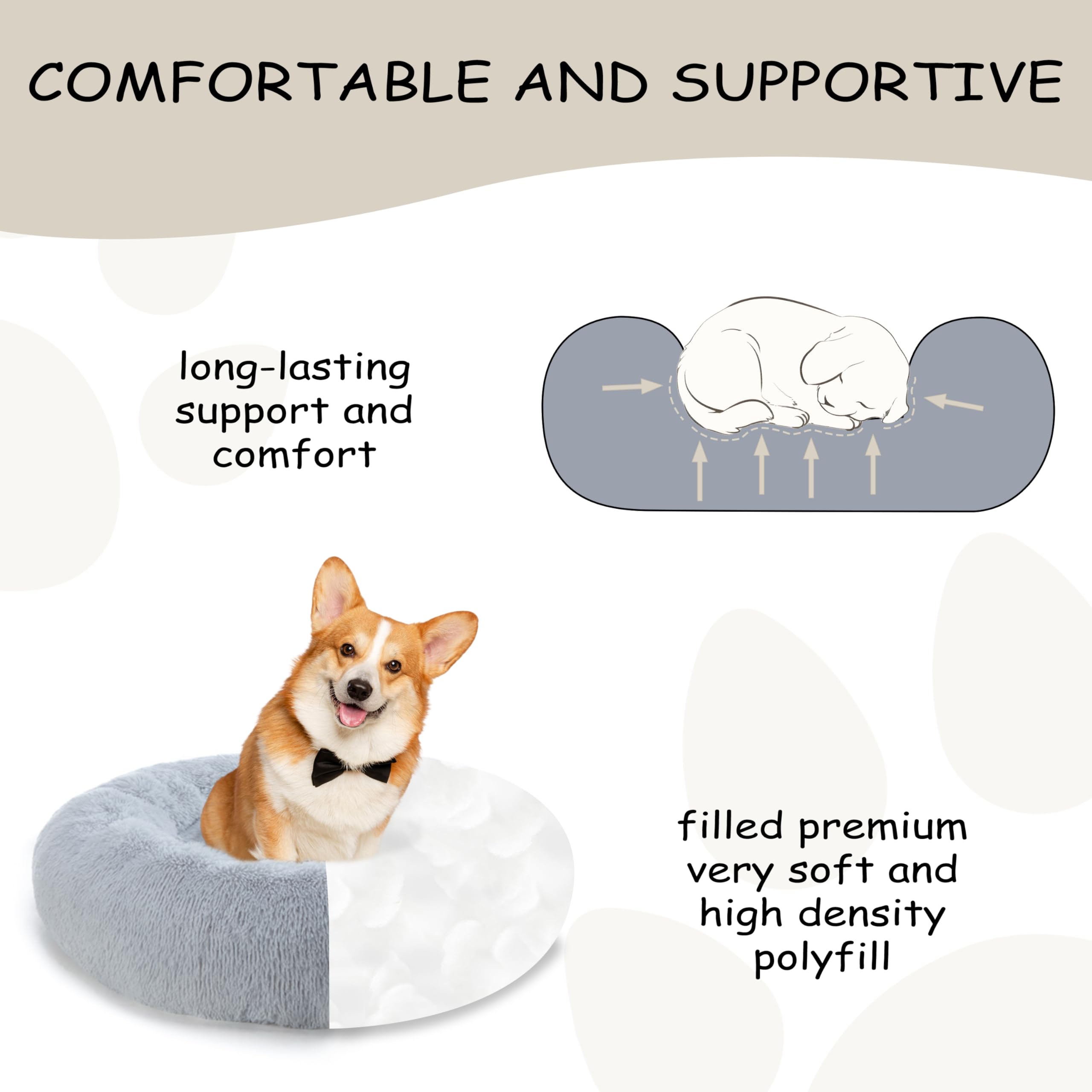 Bunlitent calming dog bed grey fabric closeup reveals ultra-soft fur texture for gentle lounging.