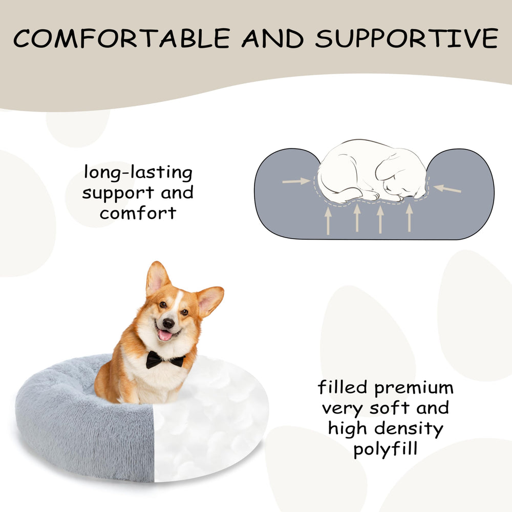 Bunlitent calming dog bed grey fabric closeup reveals ultra-soft fur texture for gentle lounging.
