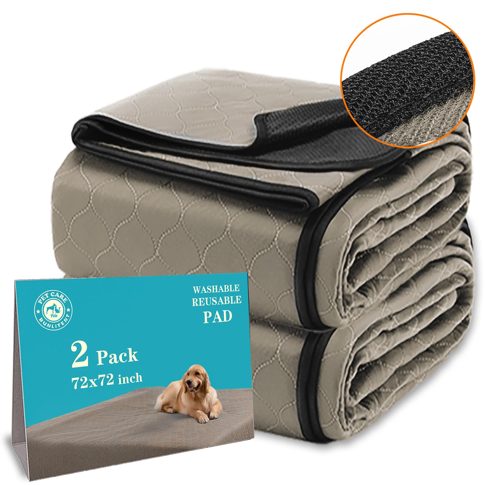 Bunlitent Washable Pee Pad 72x72 front view highlights quick-dry and absorbency for puppies.