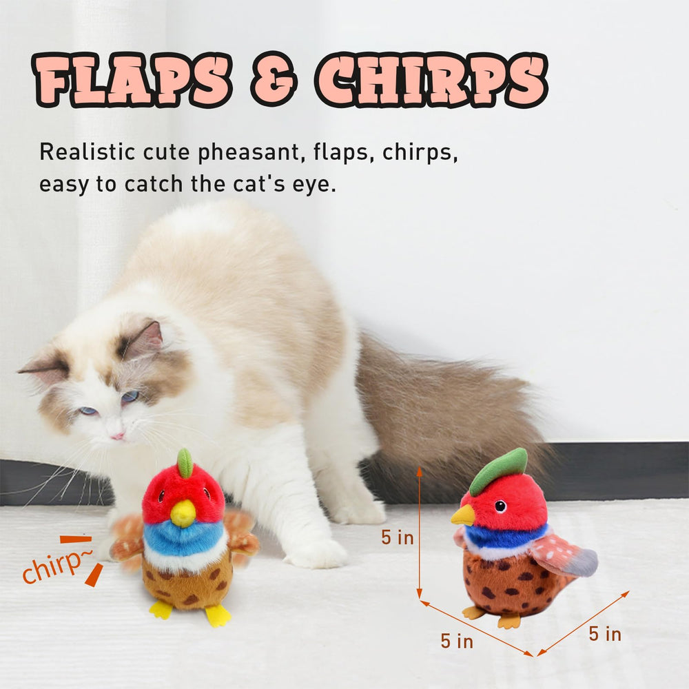 BuntyJoy pheasant toy with wings mid-flap sparks feline curiosity and activity.