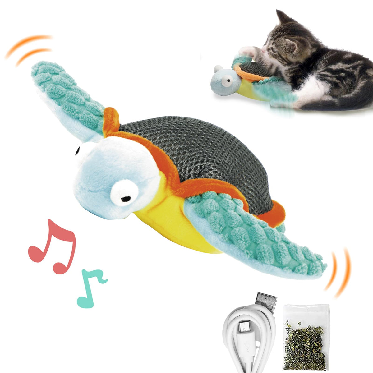 BuntyJoy flapping turtle front view entices kittens with motion and chirp for interactive play.