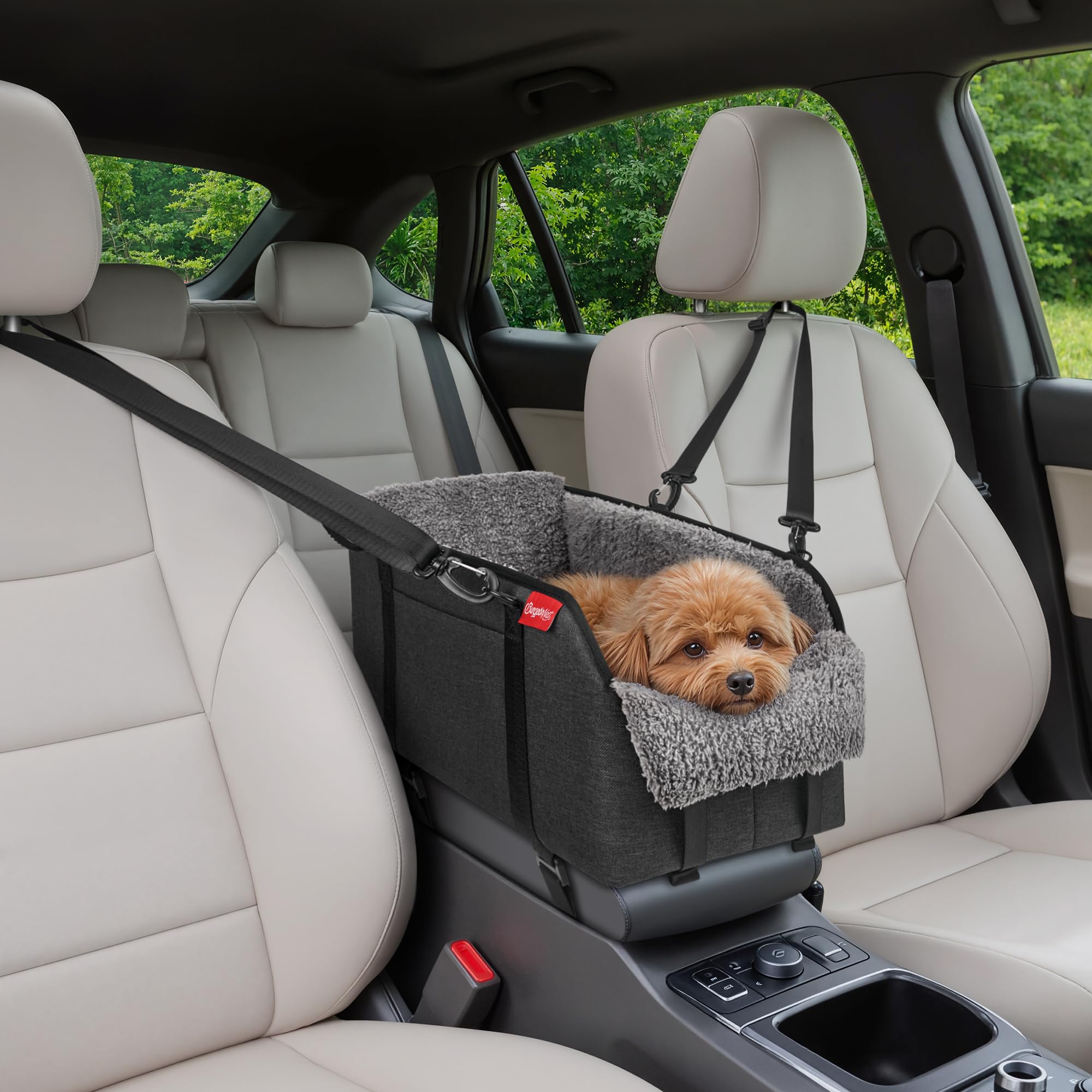 BurgeonNest center console car seat front view illustrates secure armrest mounting for stable SUV trips