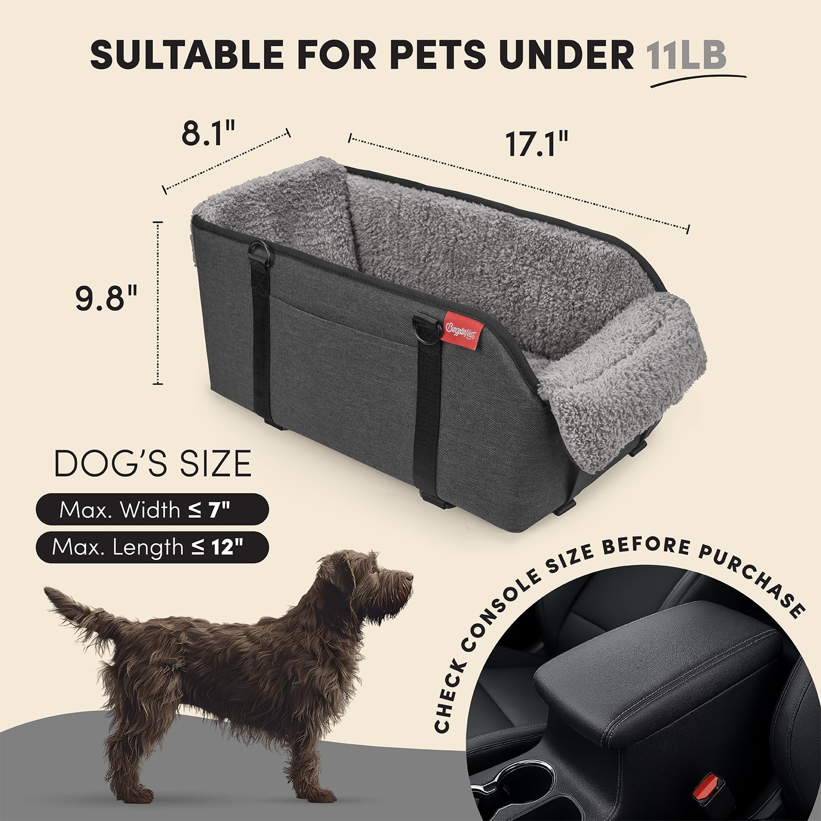 BurgeonNest center console car seat side view shows dual straps for anti-slip stability