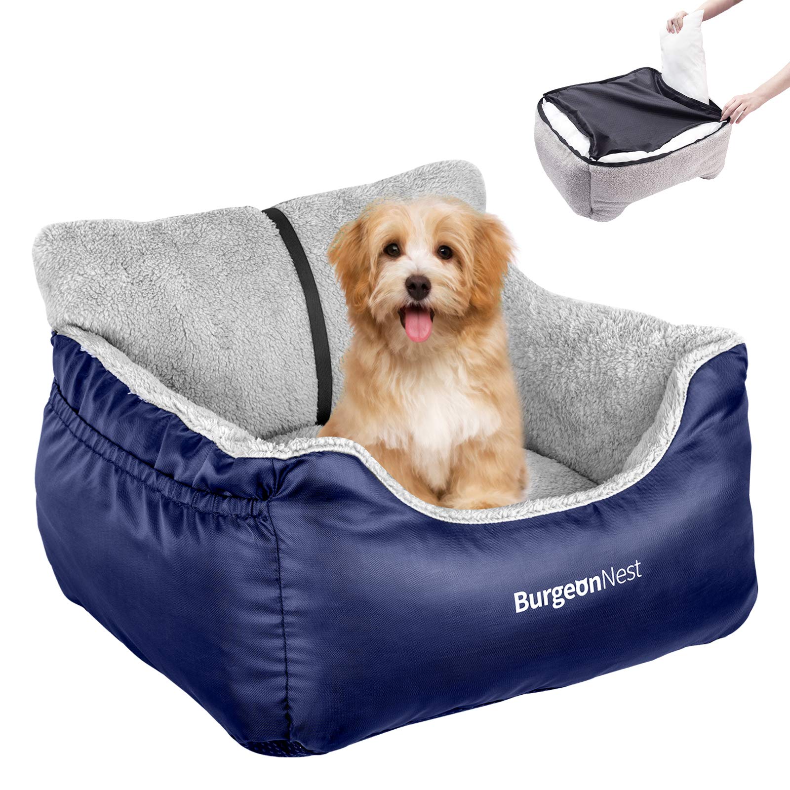 BurgeonNest dog car seat blue front view showing secure travel booster for small dogs
