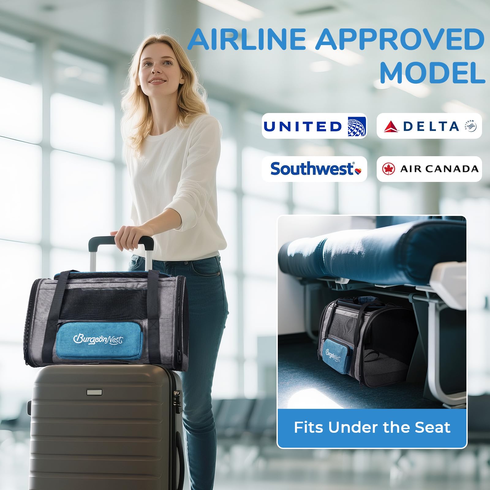 BurgeonNest cat carrier blue four mesh windows ensure airflow and visibility.