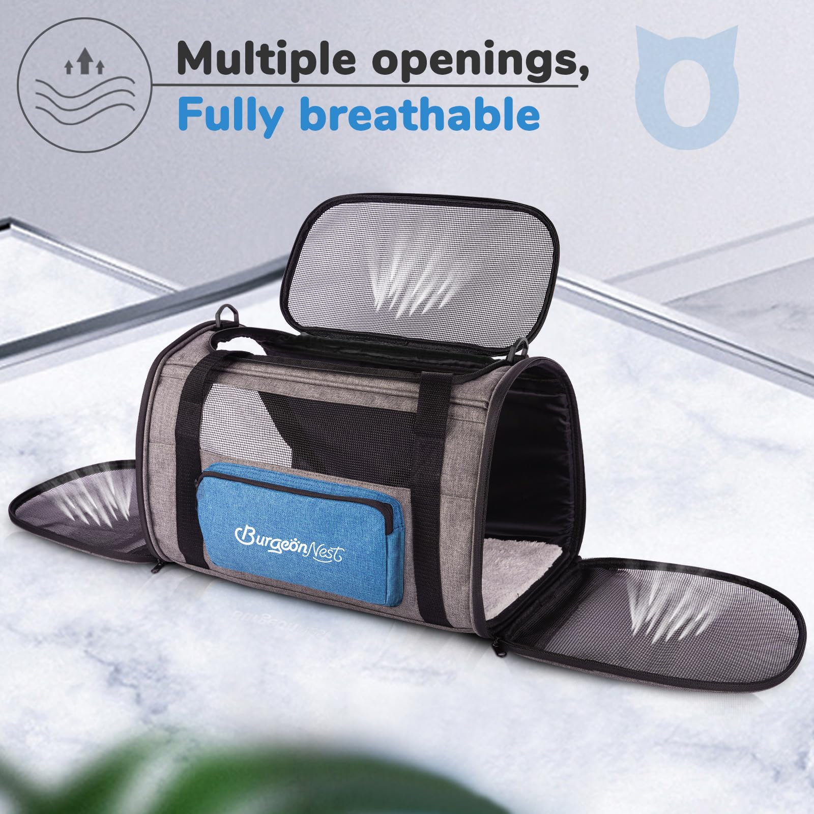 BurgeonNest cat carrier blue memory-metal frame keeps its shape during trips.
