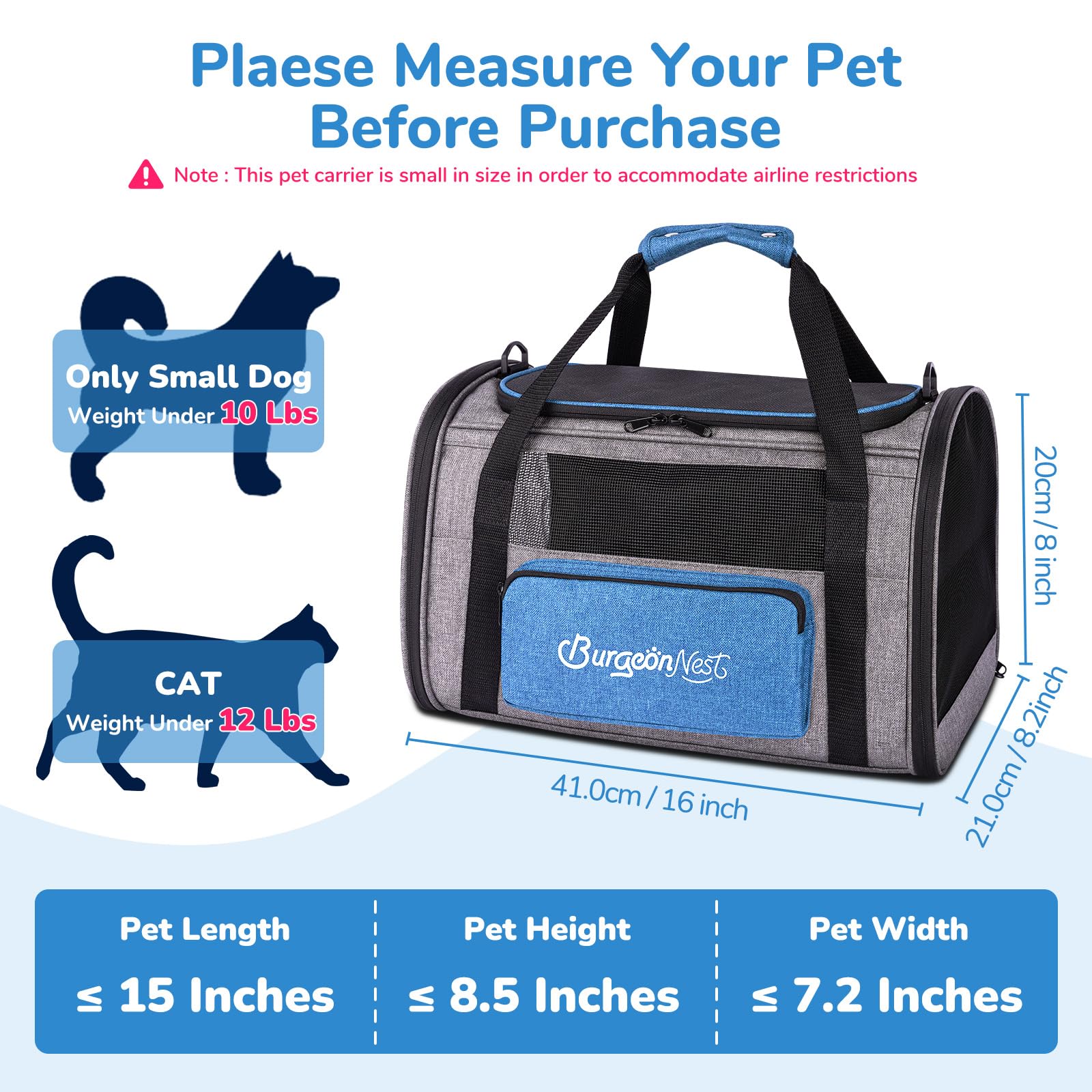 BurgeonNest cat carrier blue side bag shows extra storage for travel essentials.