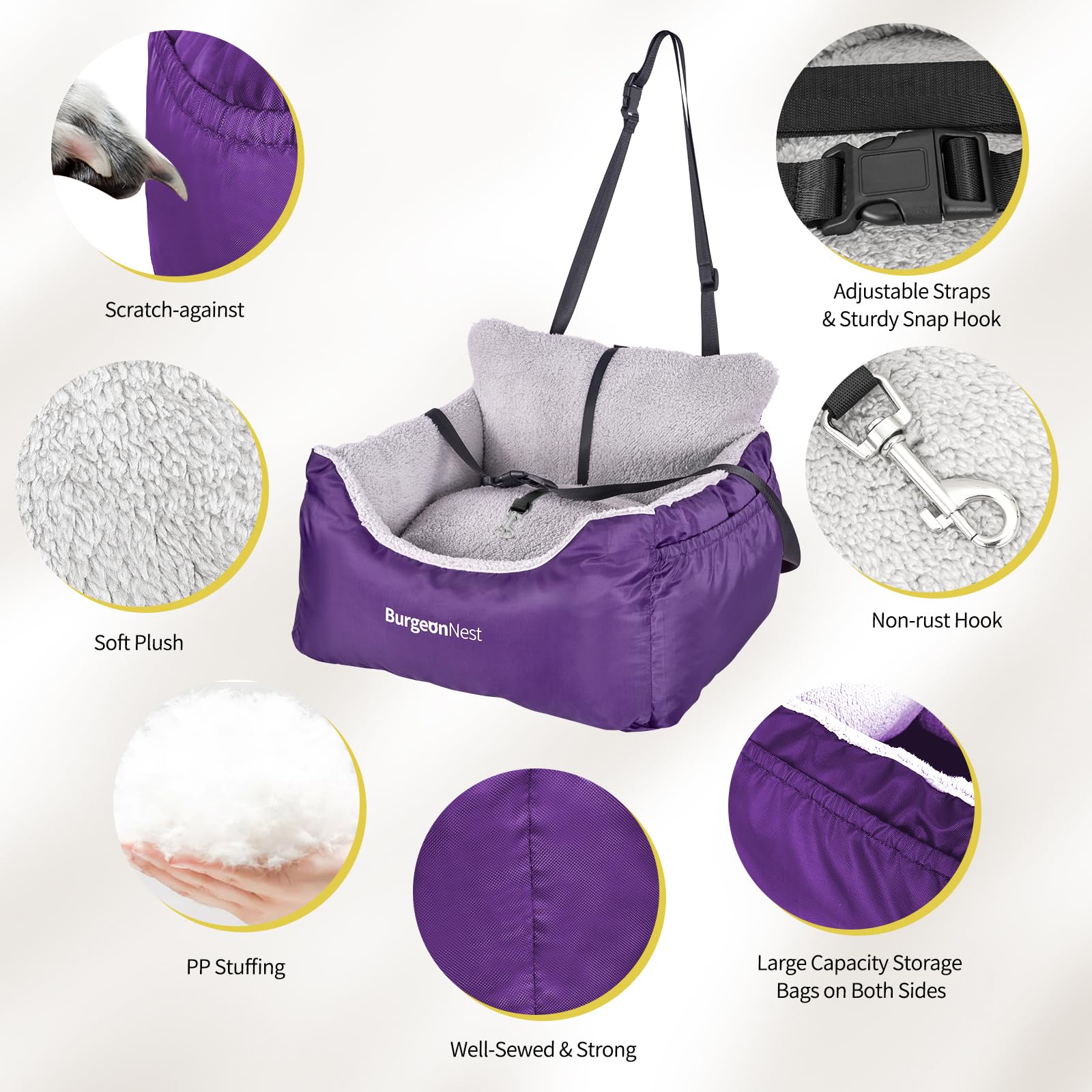 BurgeonNest dog car seat purple two-sided cushions for year-round comfort