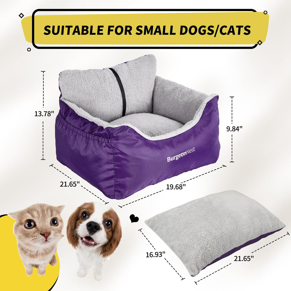 BurgeonNest dog car seat purple side view shows adjustable belts for snug ride