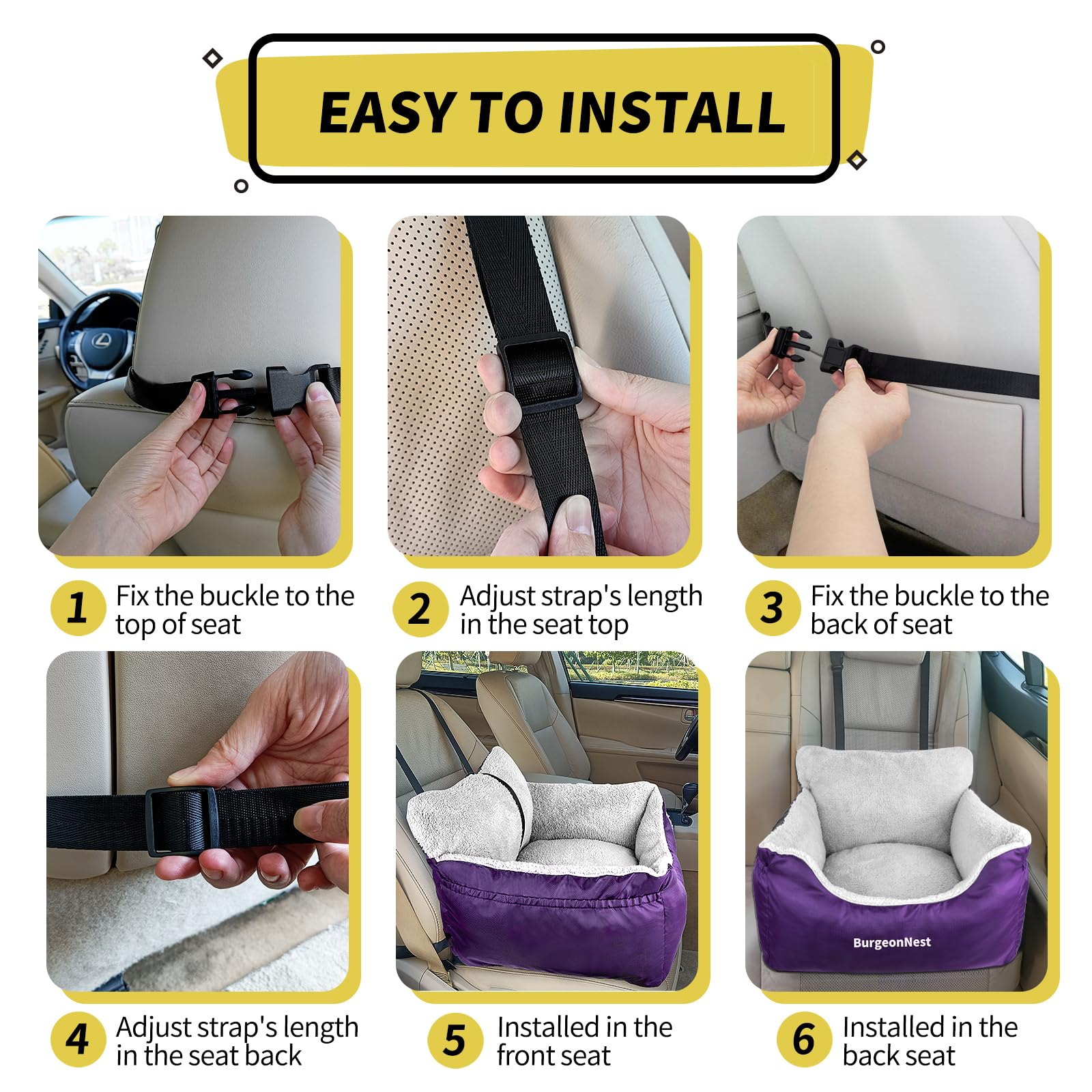 BurgeonNest dog car seat purple storage pockets for organized travel essentials