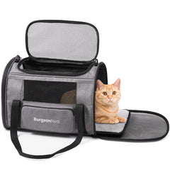 BurgeonNest cat carrier shown under-seat dimensions for airline travel convenience