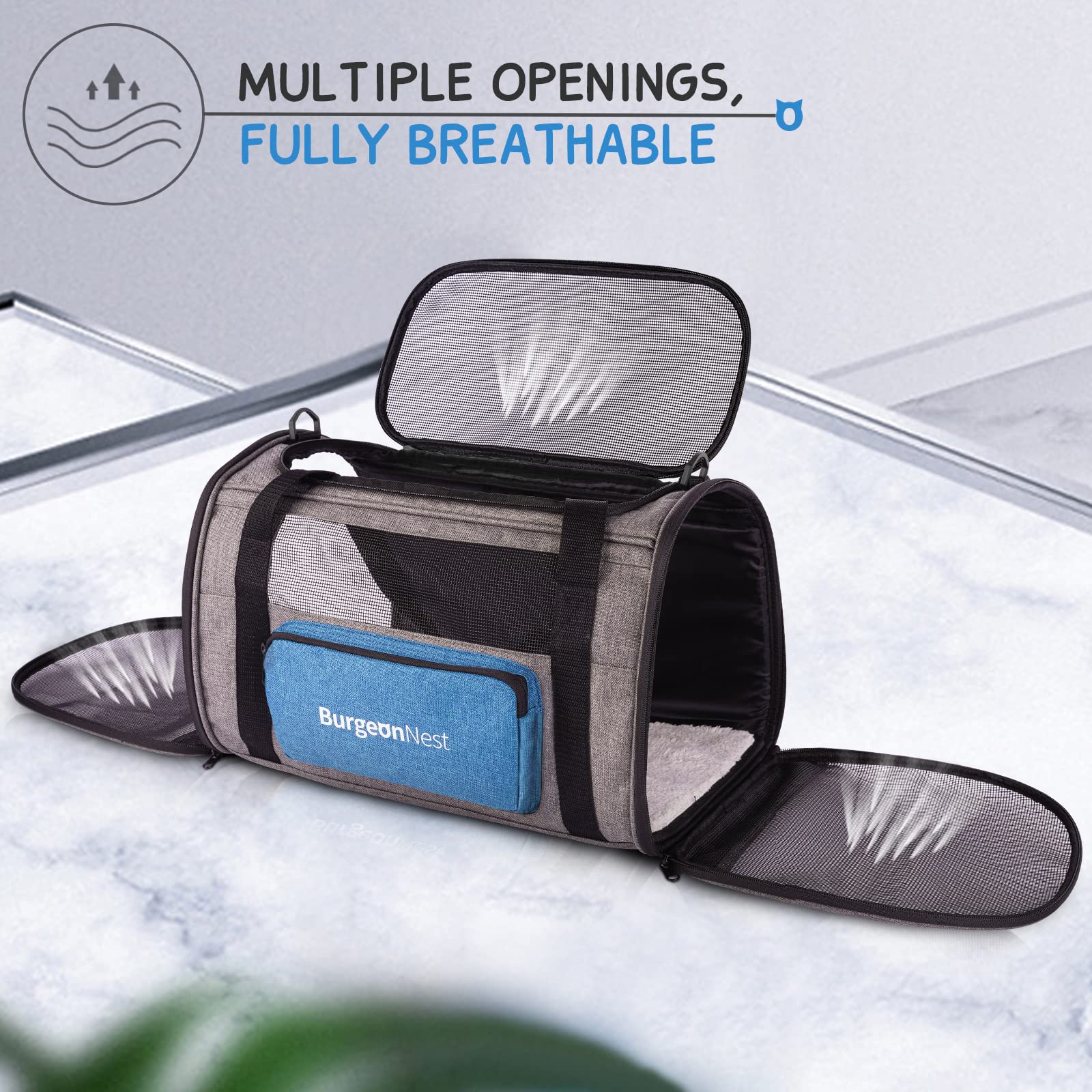 BurgeonNest cat carrier with four mesh windows for airflow and checks.