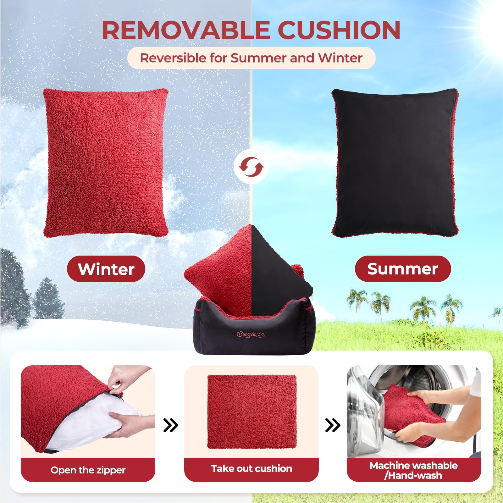 BurgeonNest detachable zipper design eases stuffing removal for thorough washing