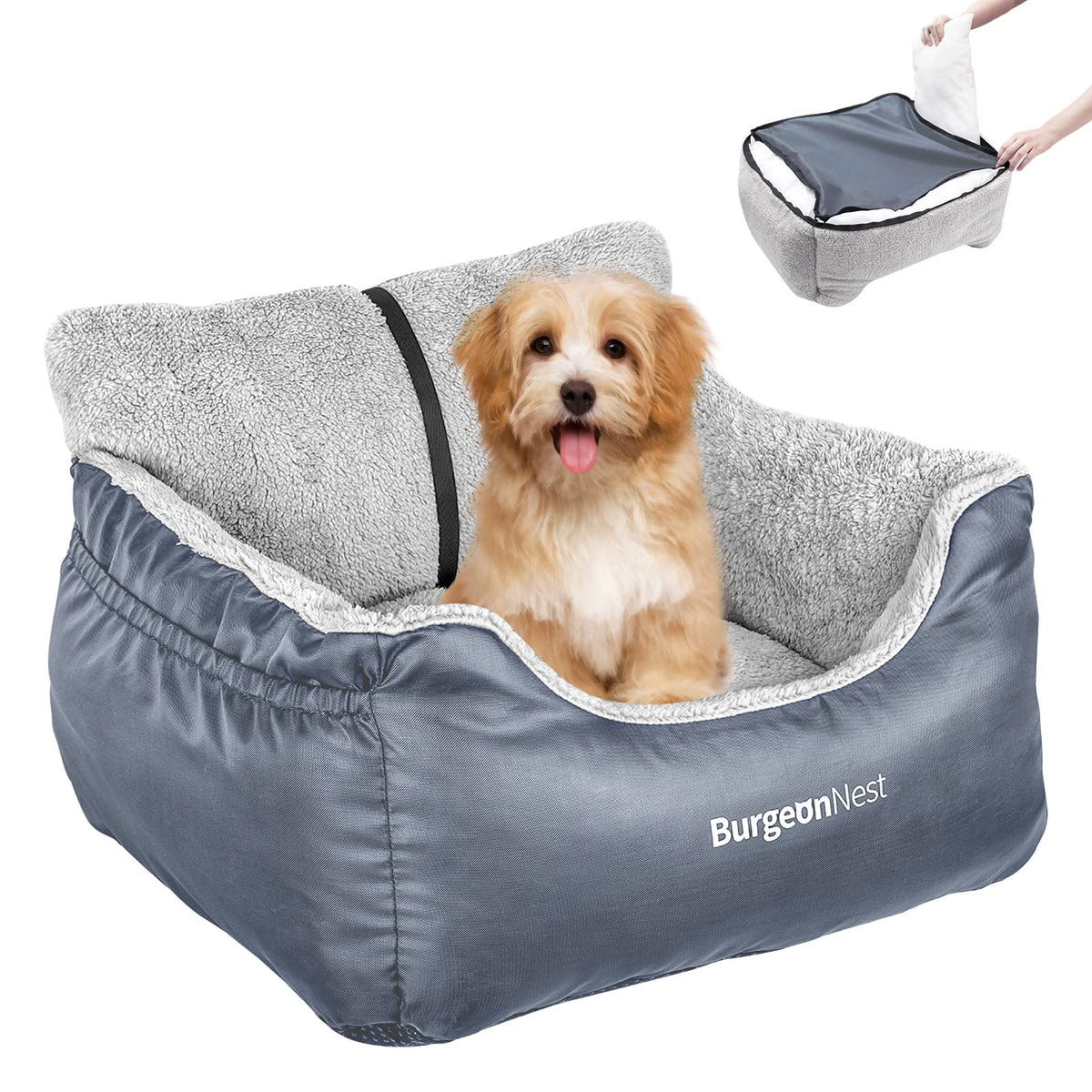 BurgeonNest dog car seat front view grey highlights secure fit and comfort for small dogs.