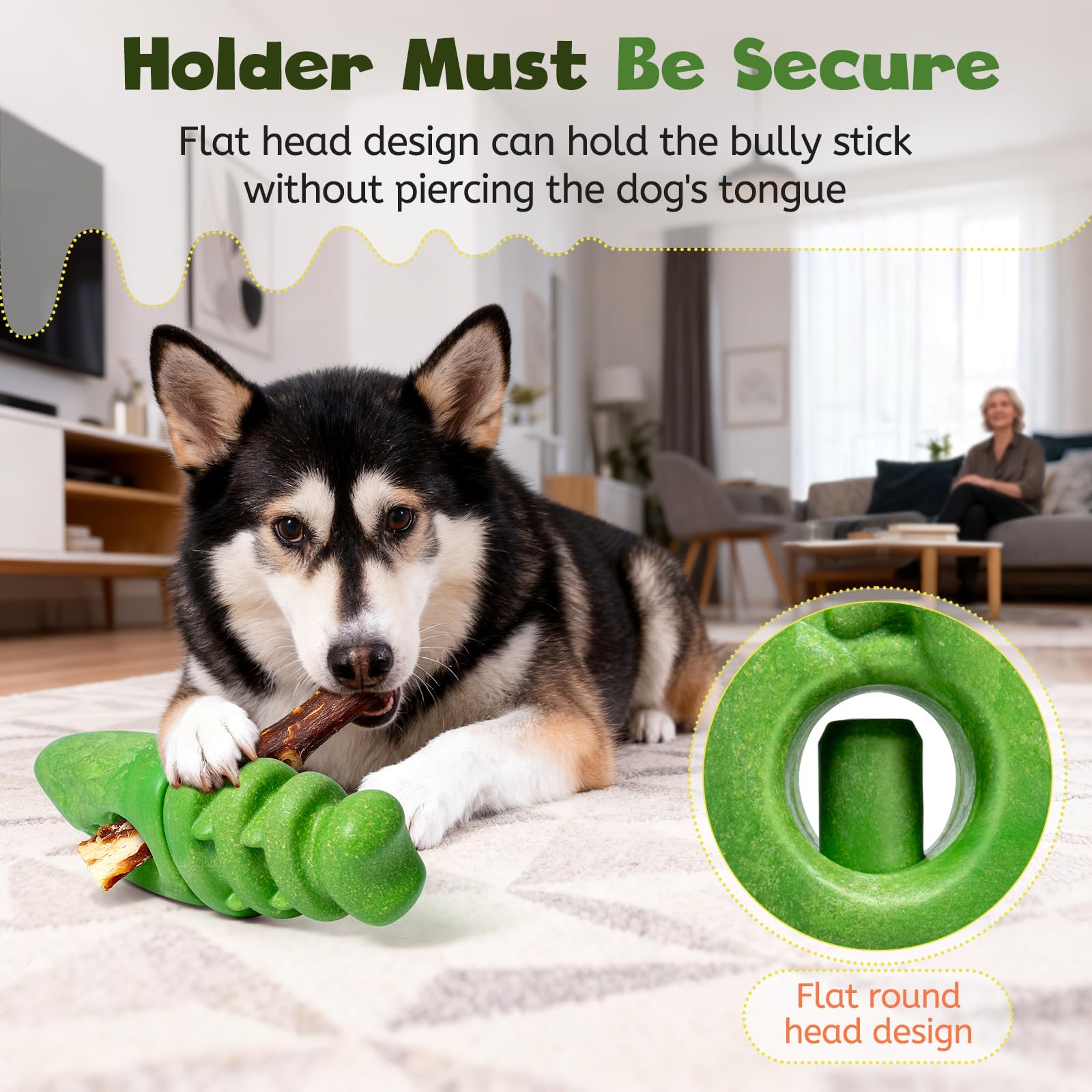 Buriesur bully-stick-holder with peanut-butter spread for interactive treat