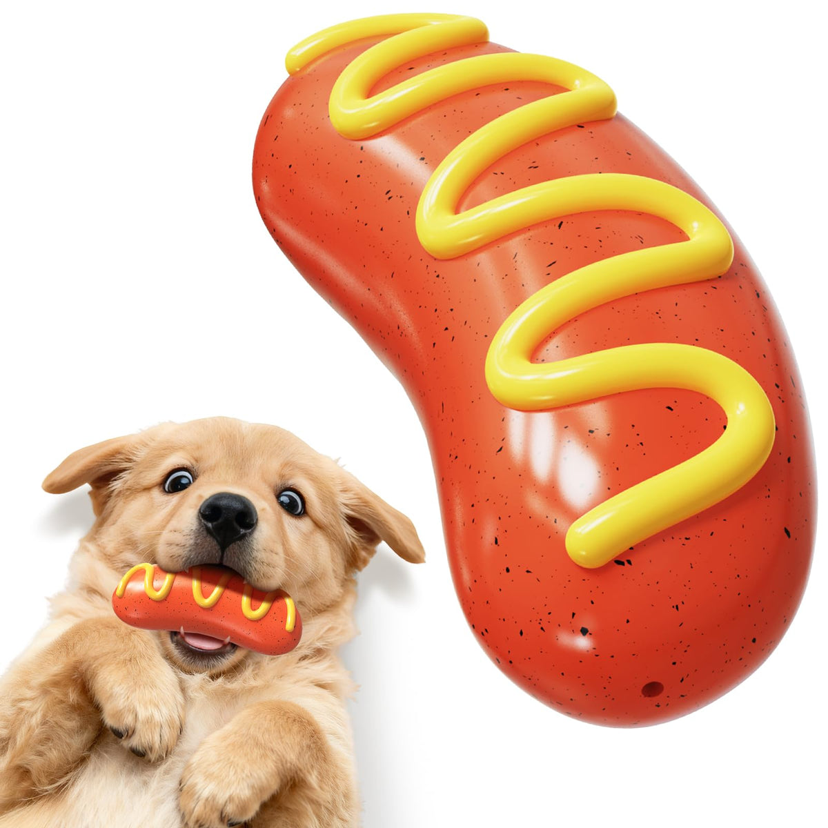 BURIESUR indestructible dog toy hot dog shape closeup boosts engagement during chew time