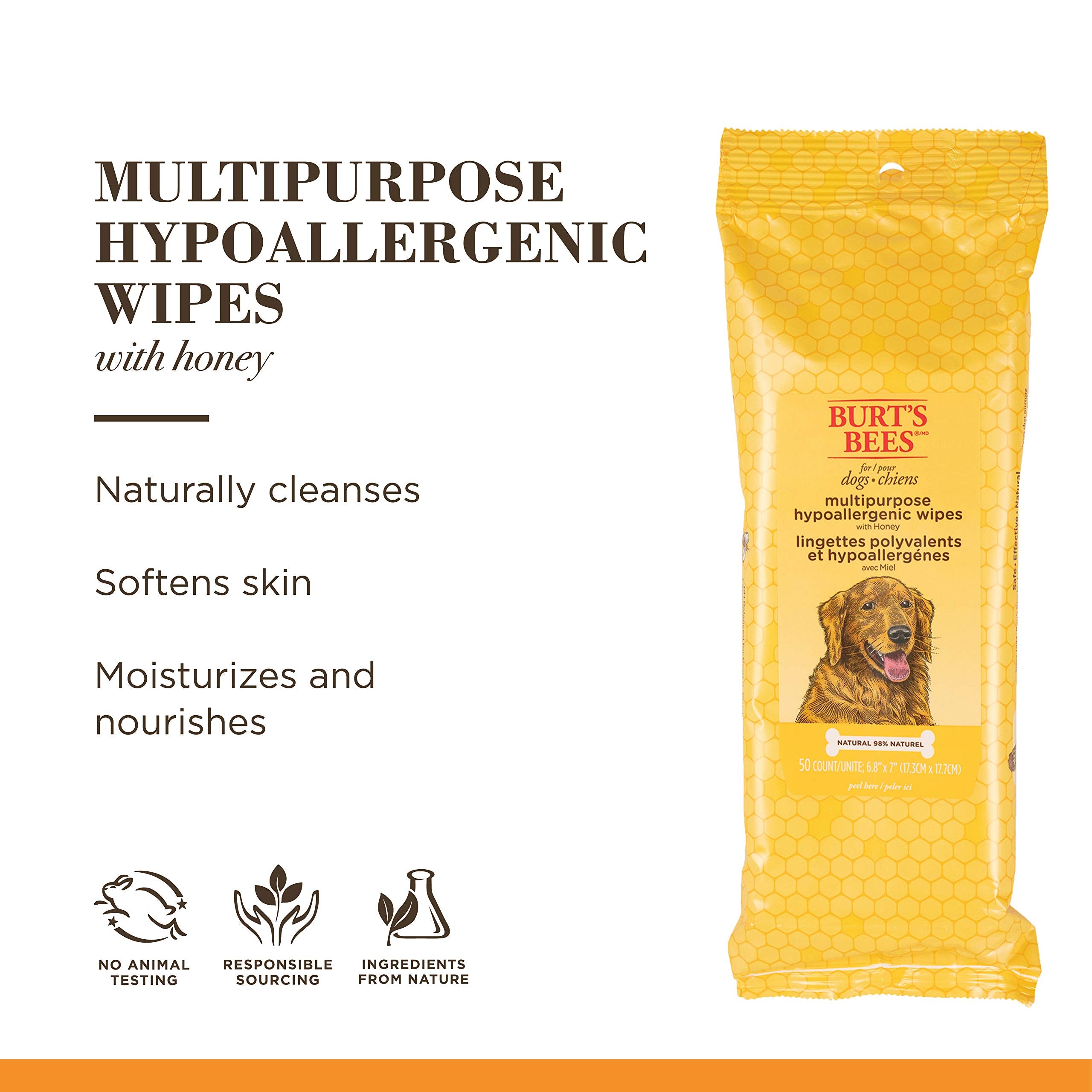 Naturally derived ingredients highlighted on Burt's Bees for Pets wipes packaging.
