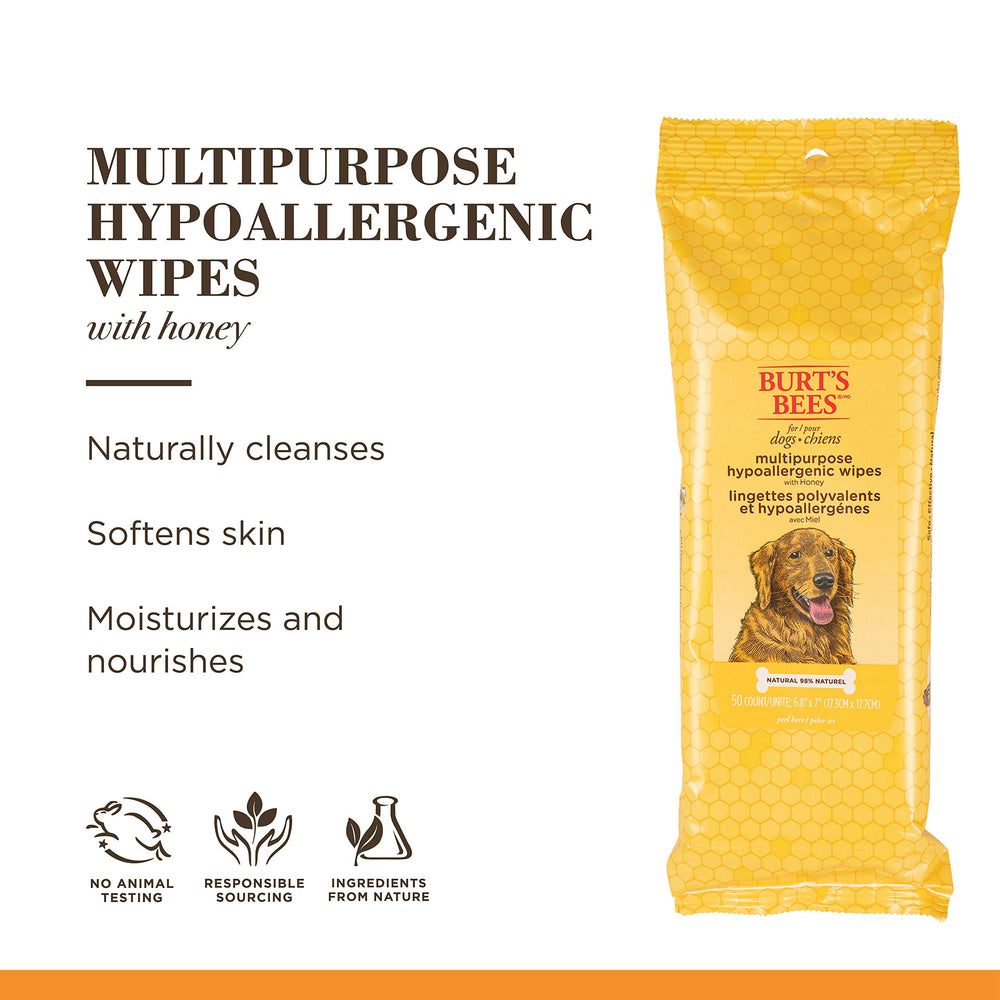 Naturally derived ingredients highlighted on Burt's Bees for Pets wipes packaging.
