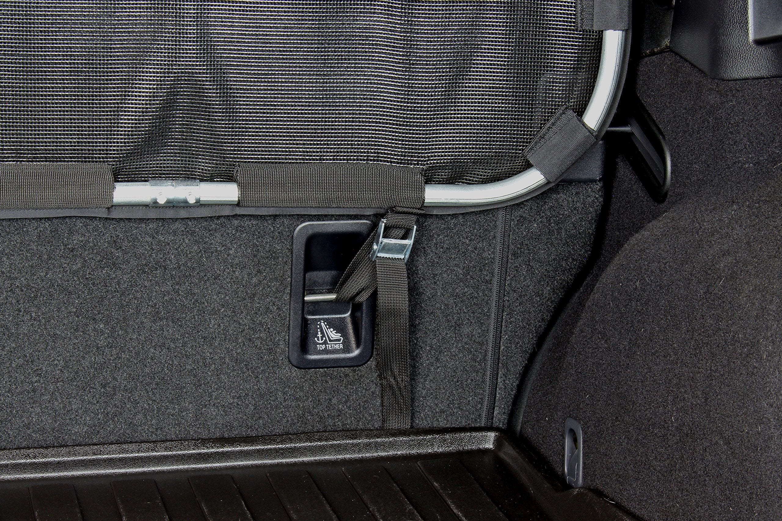 Bushwhacker cargo barrier close-up of scratch-resistant mesh protecting pet and vehicle from wear and tear.
