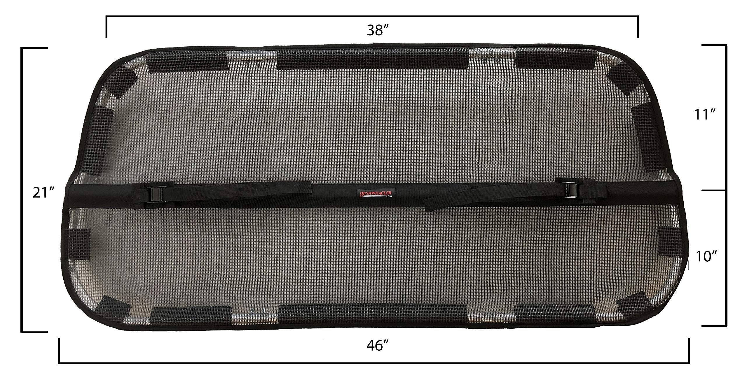 Bushwhacker cargo barrier in-use setup across SUV cargo area showing pet containment during travel.