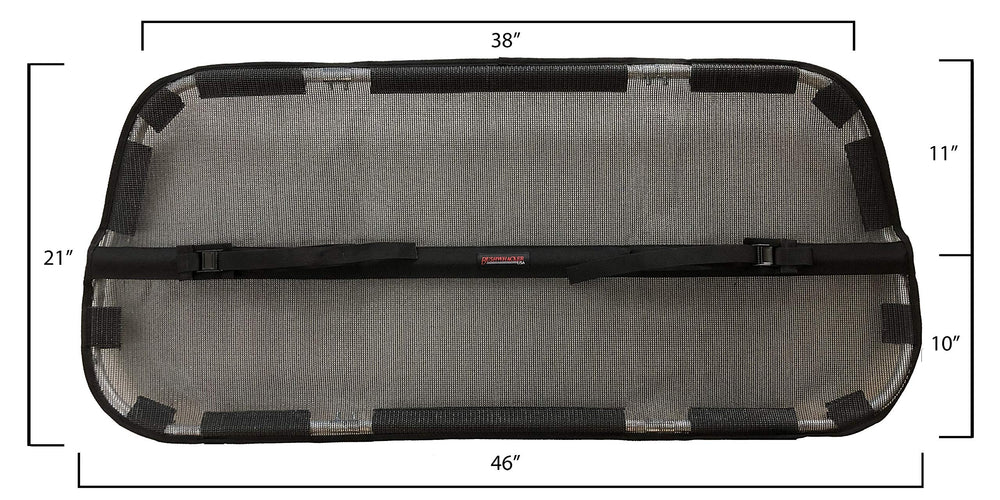 Bushwhacker cargo barrier in-use setup across SUV cargo area showing pet containment during travel.