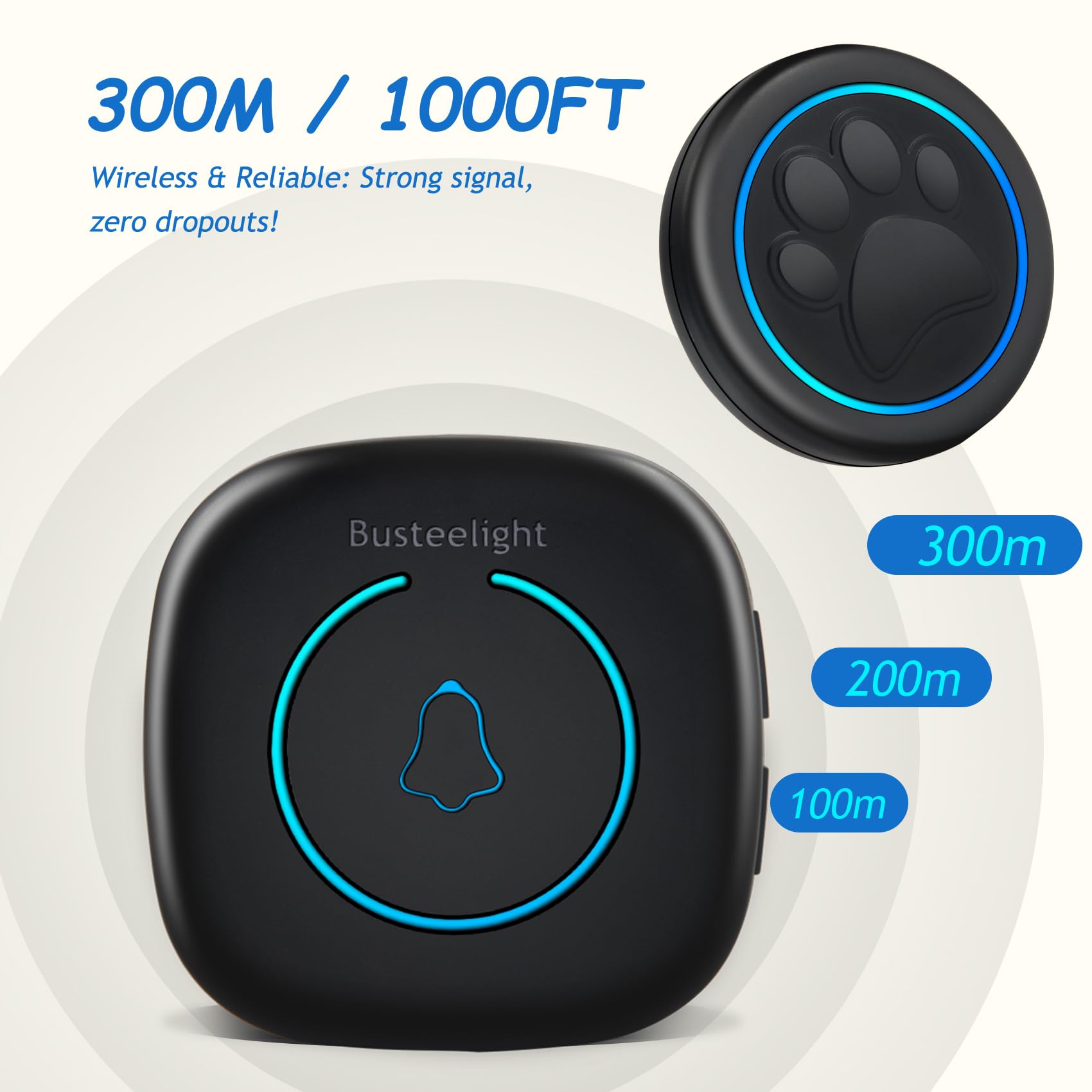 Busteelight Soft Ring Blk Dog Bell supports 1000ft range for flexible placement.
