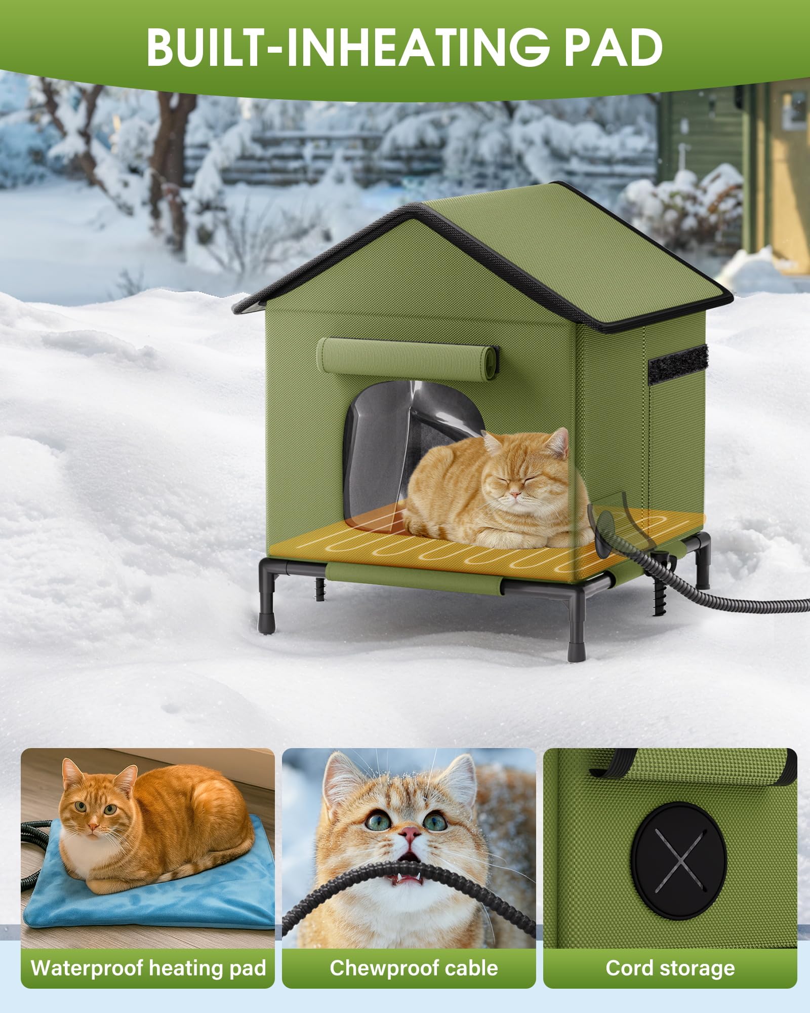 Butifoc heated outdoor cat house demonstrates elevated dry base to keep paws clean.