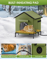 Butifoc heated outdoor cat house demonstrates elevated dry base to keep paws clean.