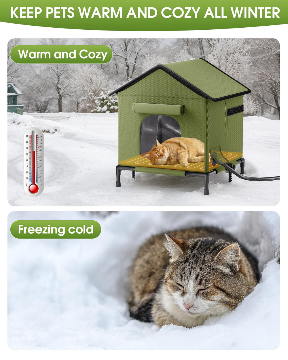 Butifoc heated outdoor cat house shown in multiple sizes for cat groups.