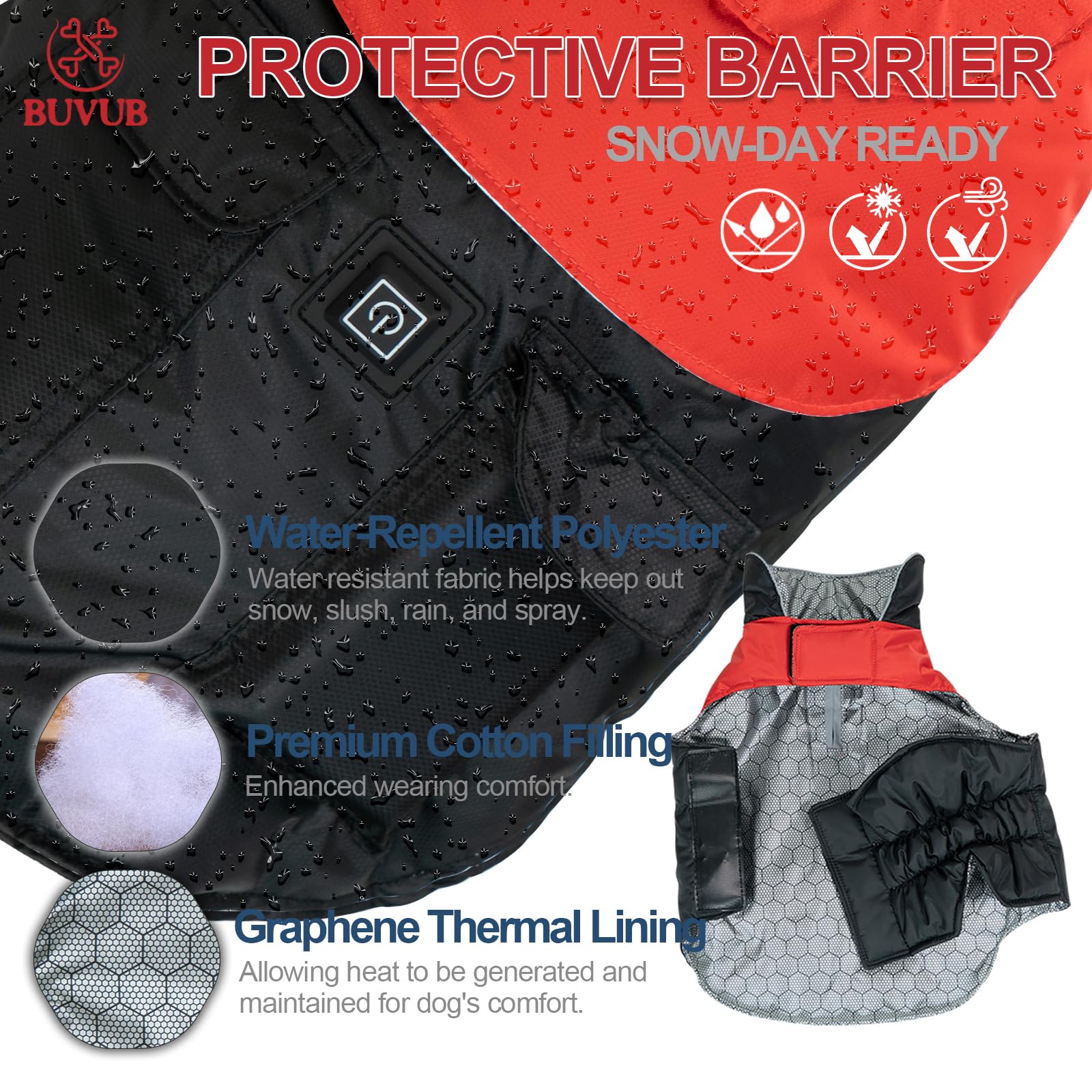 BUVUB heated coat back view emphasizes reflective safety strips during dusk hikes.