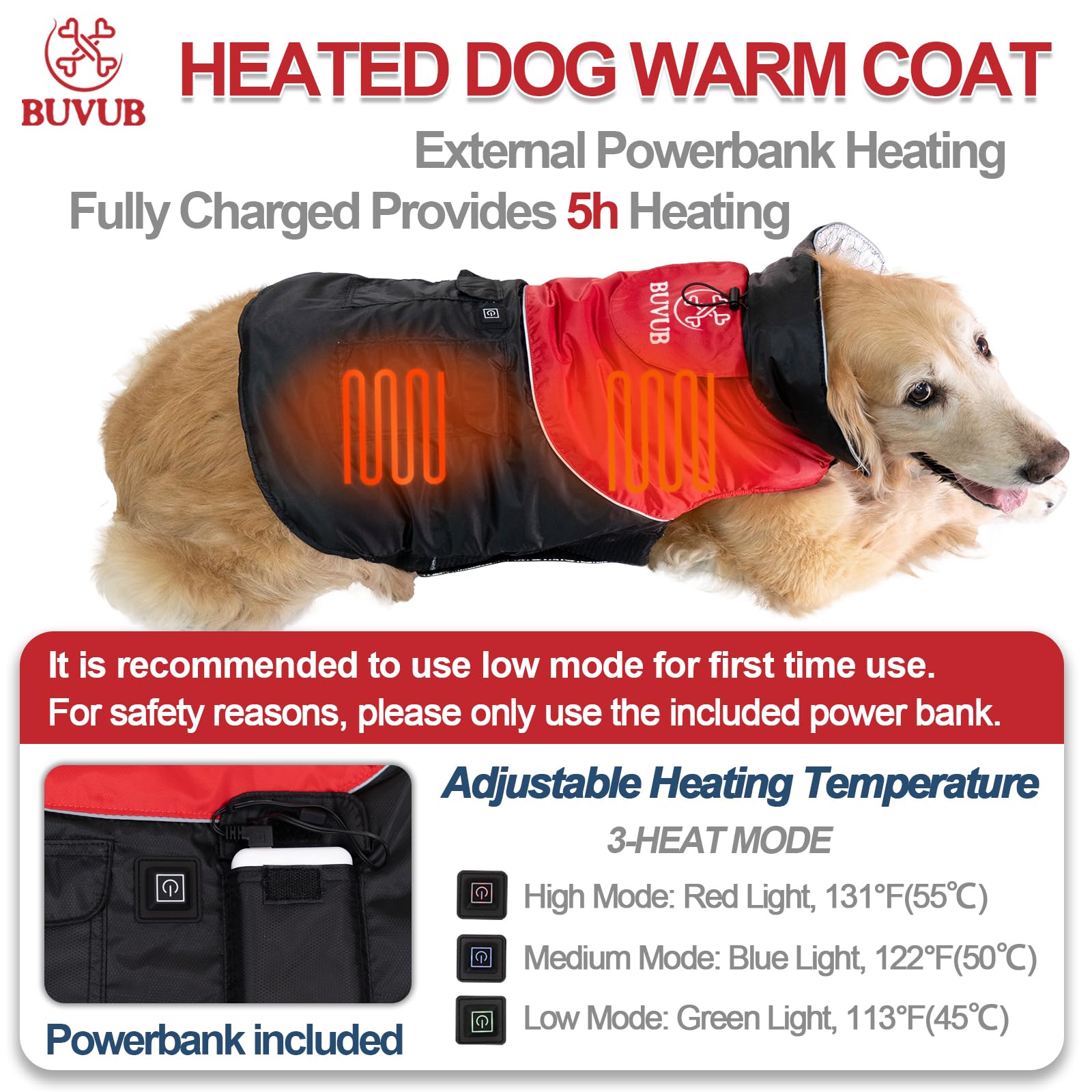 BUVUB heated dog warm coat graphene lining for even heat distribution