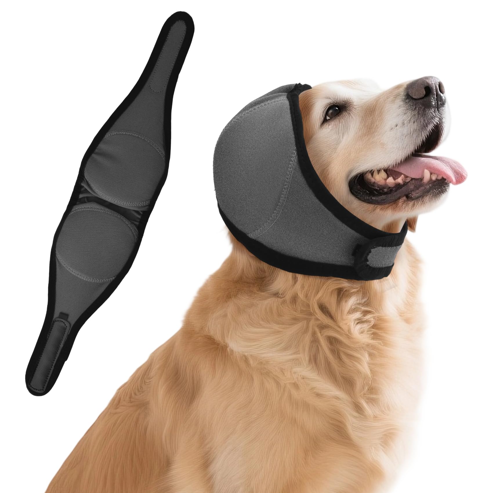 BUWZUJR dog ear covers in gray demonstrate waterproof, breathable protection for grooming.