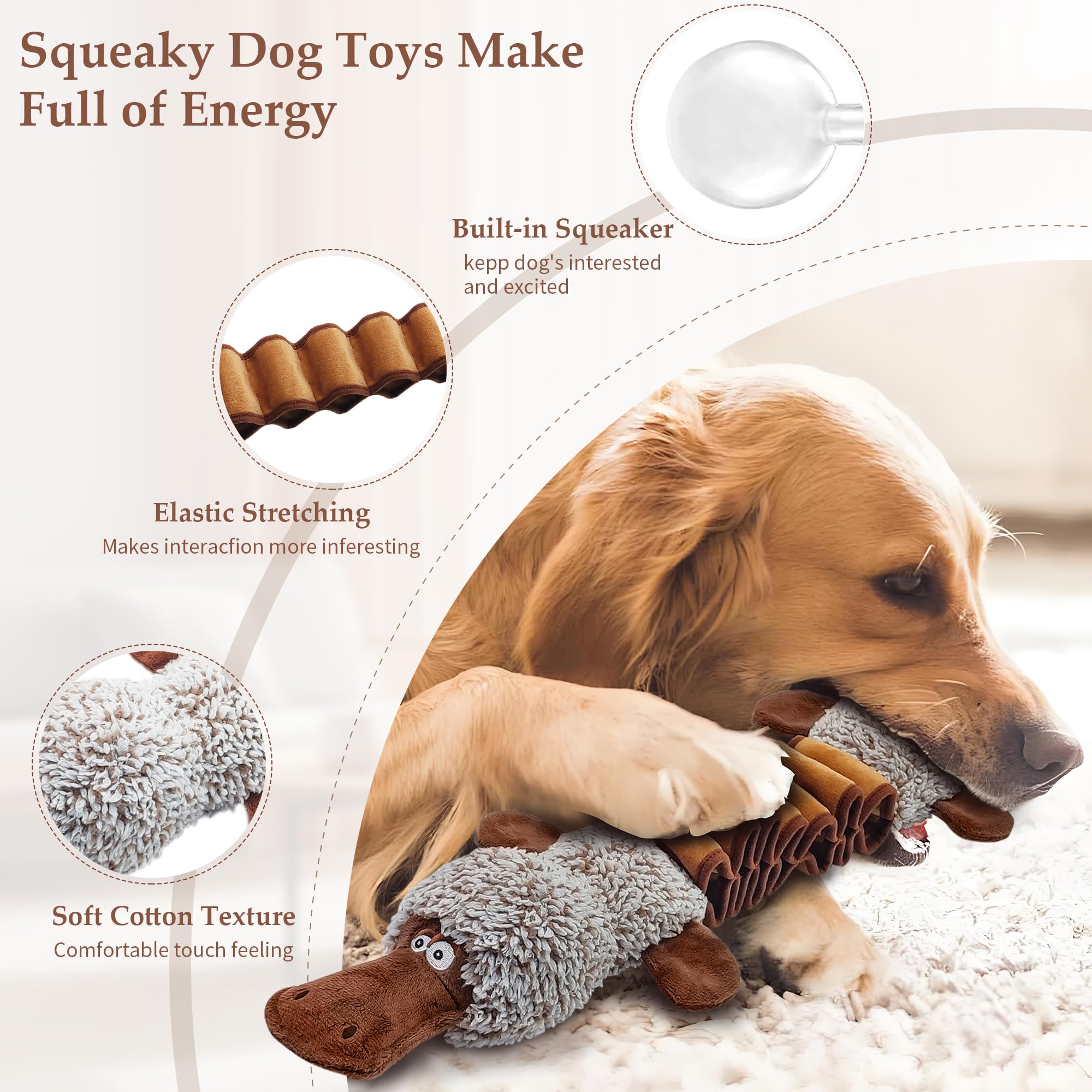 BUYPOW Platypus squeaky toy soft material close-up highlighting gentle teething relief